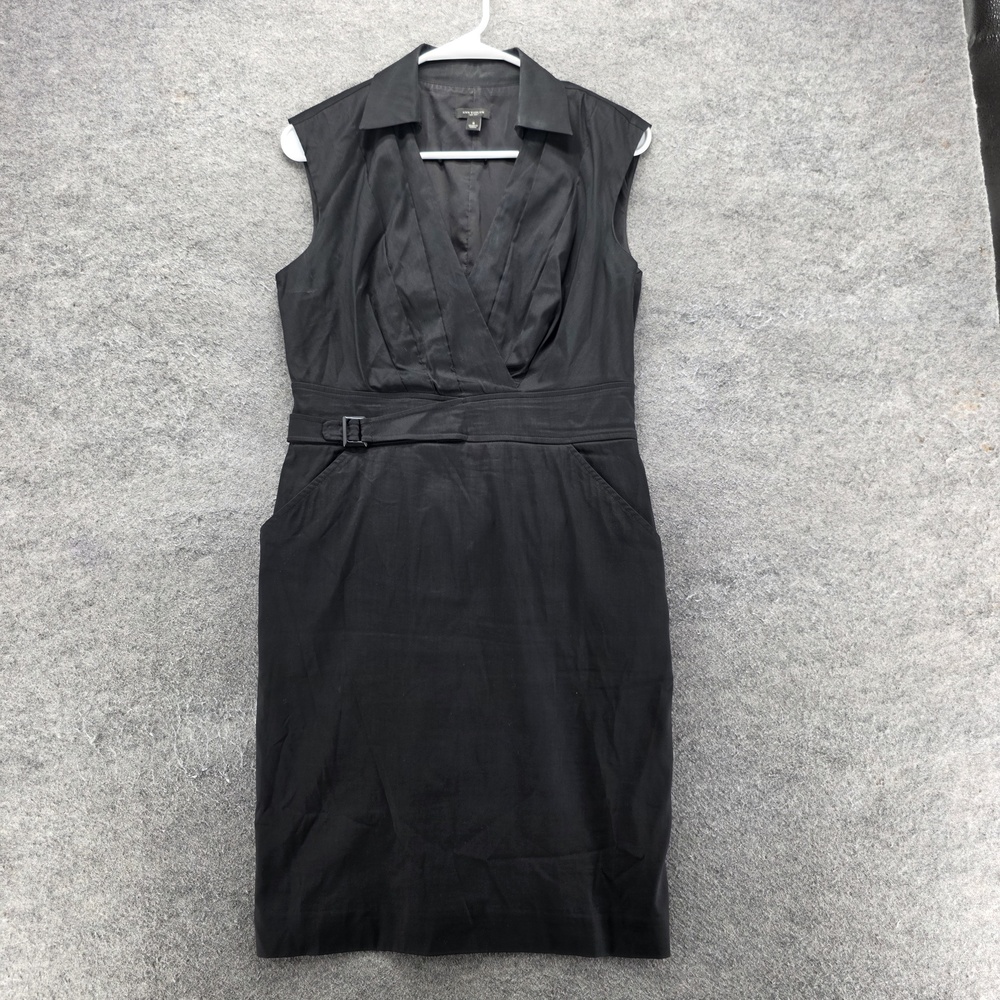 Ann Taylor Dress Womens 4 Black Sheath Knee Length Sleeveless Belted Collared